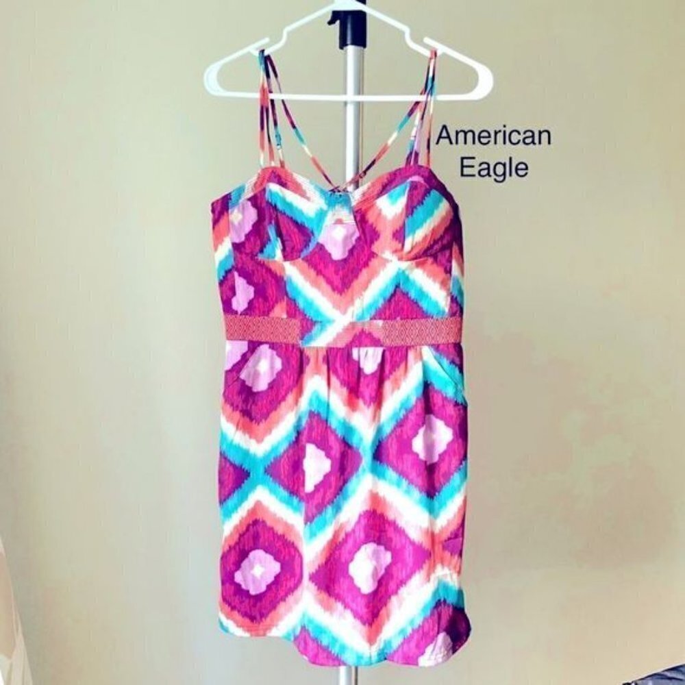 AMERICAN Eagle Colorful Boho Aztec Print Pockets Strap Mini Dress Sz 8 - Picture 2 of 6